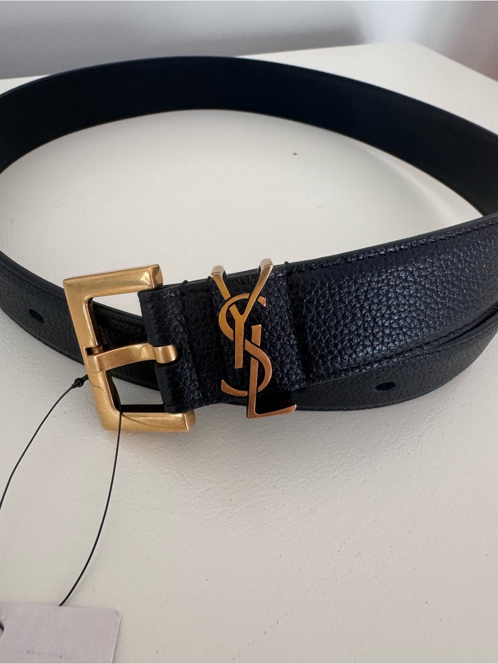 Saint Laurent Black Pebbled Leather Belt with Gold YSL Accent